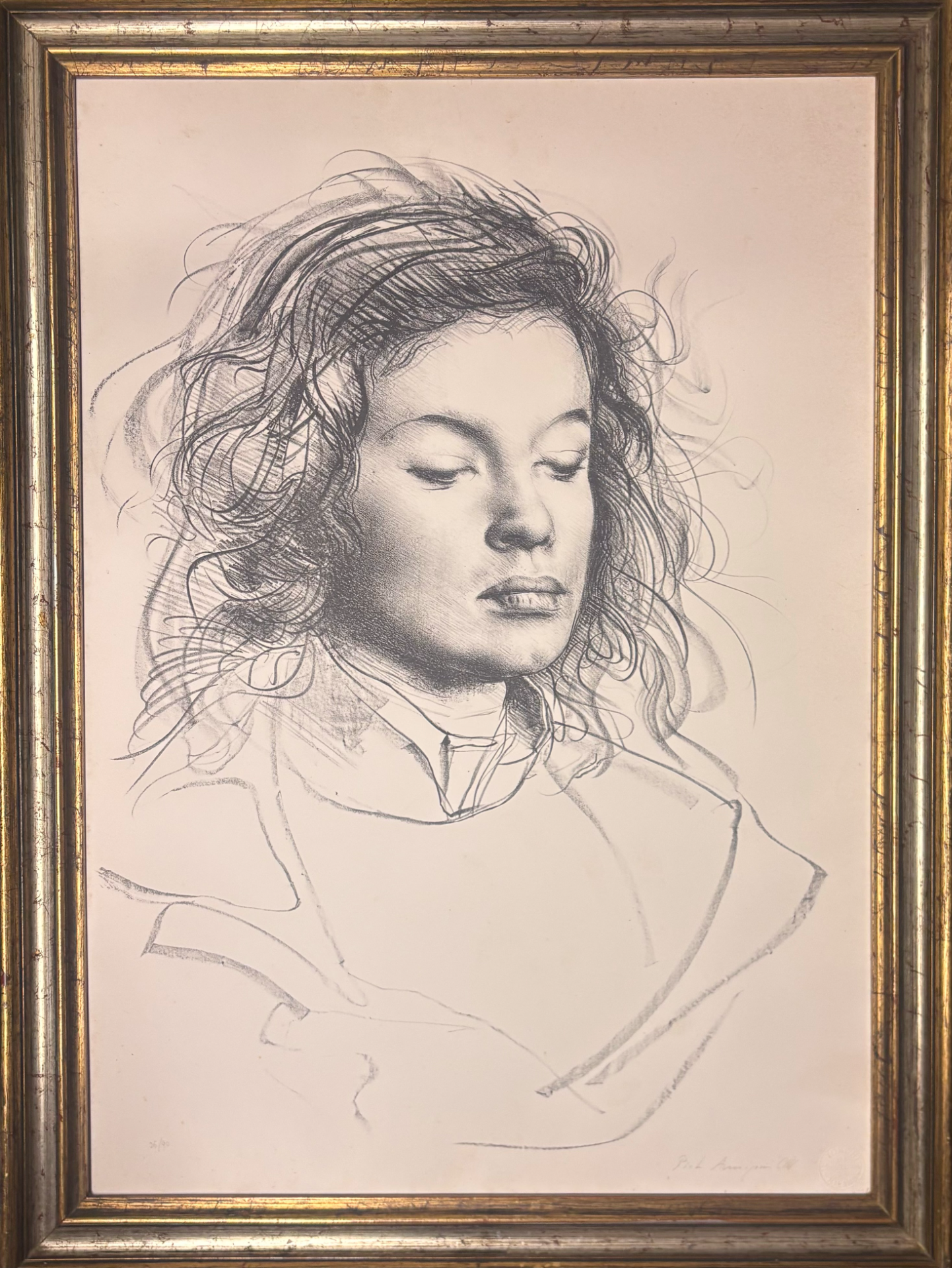 Pietro Annigoni, Volto di giovane donna, litografia originale 26/90