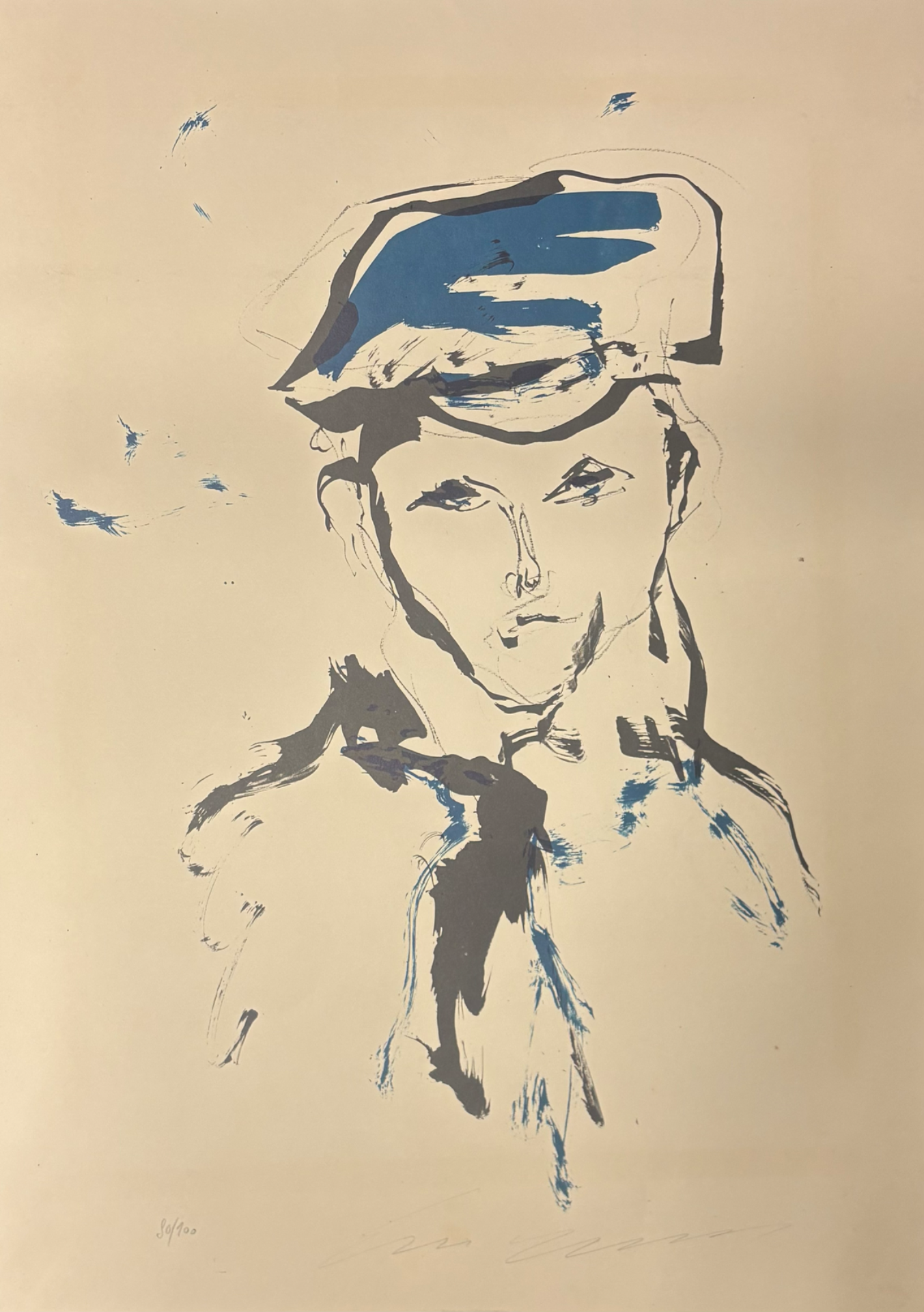 Ernesto Treccani, Giovane con berretto, litografia in nero e blu firmata e numerata