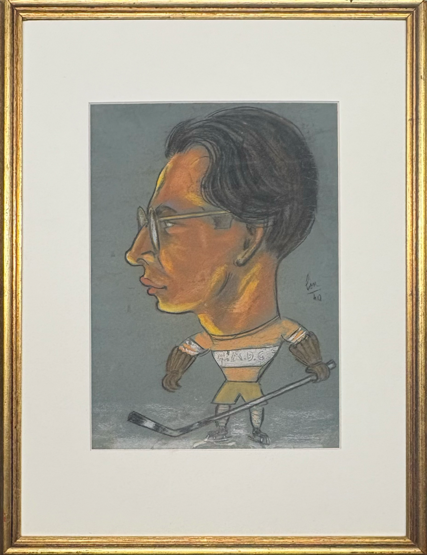 Caricatura di giocatore di hockey su ghiaccio, pastello su carta, 1940