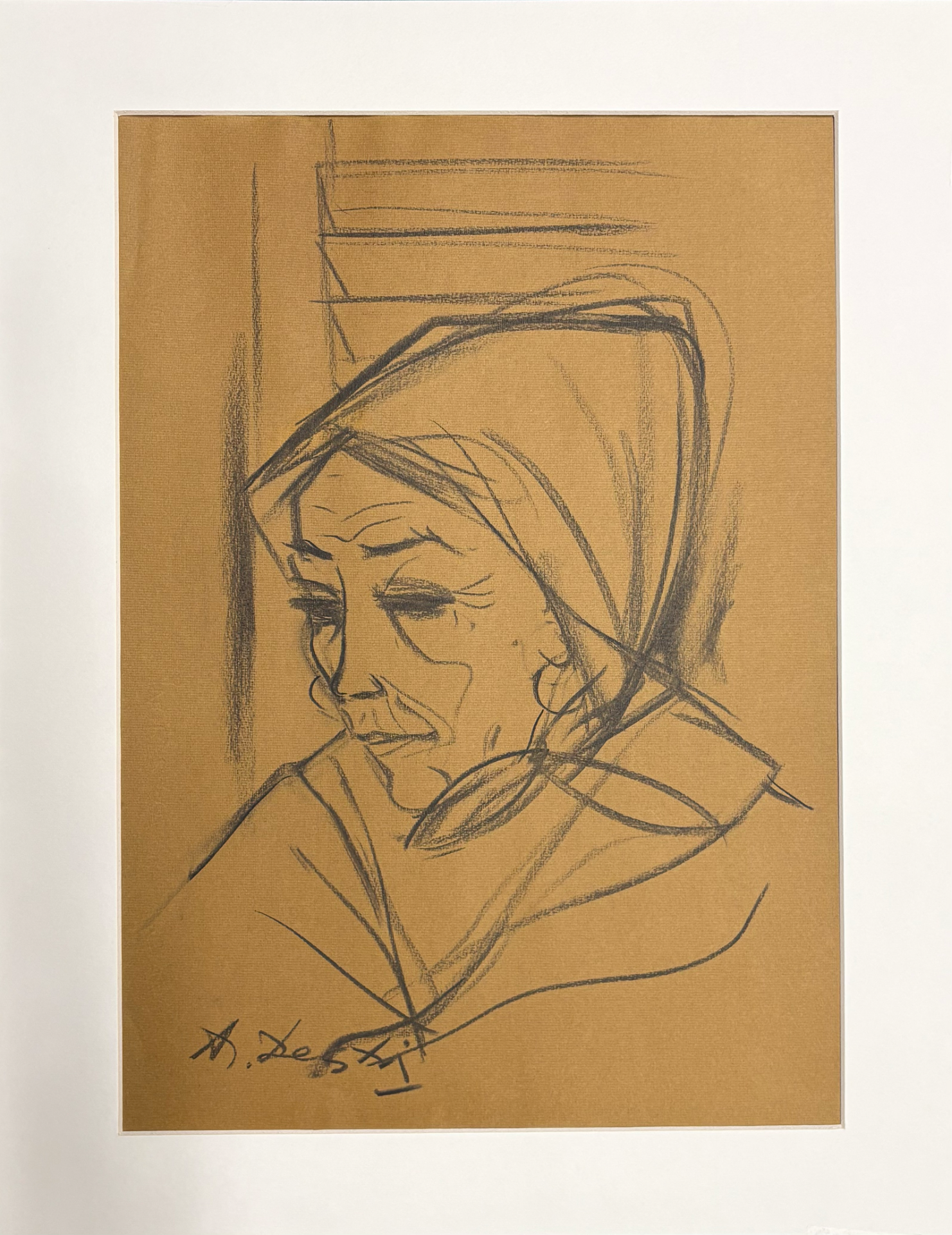 Angelo Destri, Ritratto di anziana con fazzoletto, carboncino su carta avana