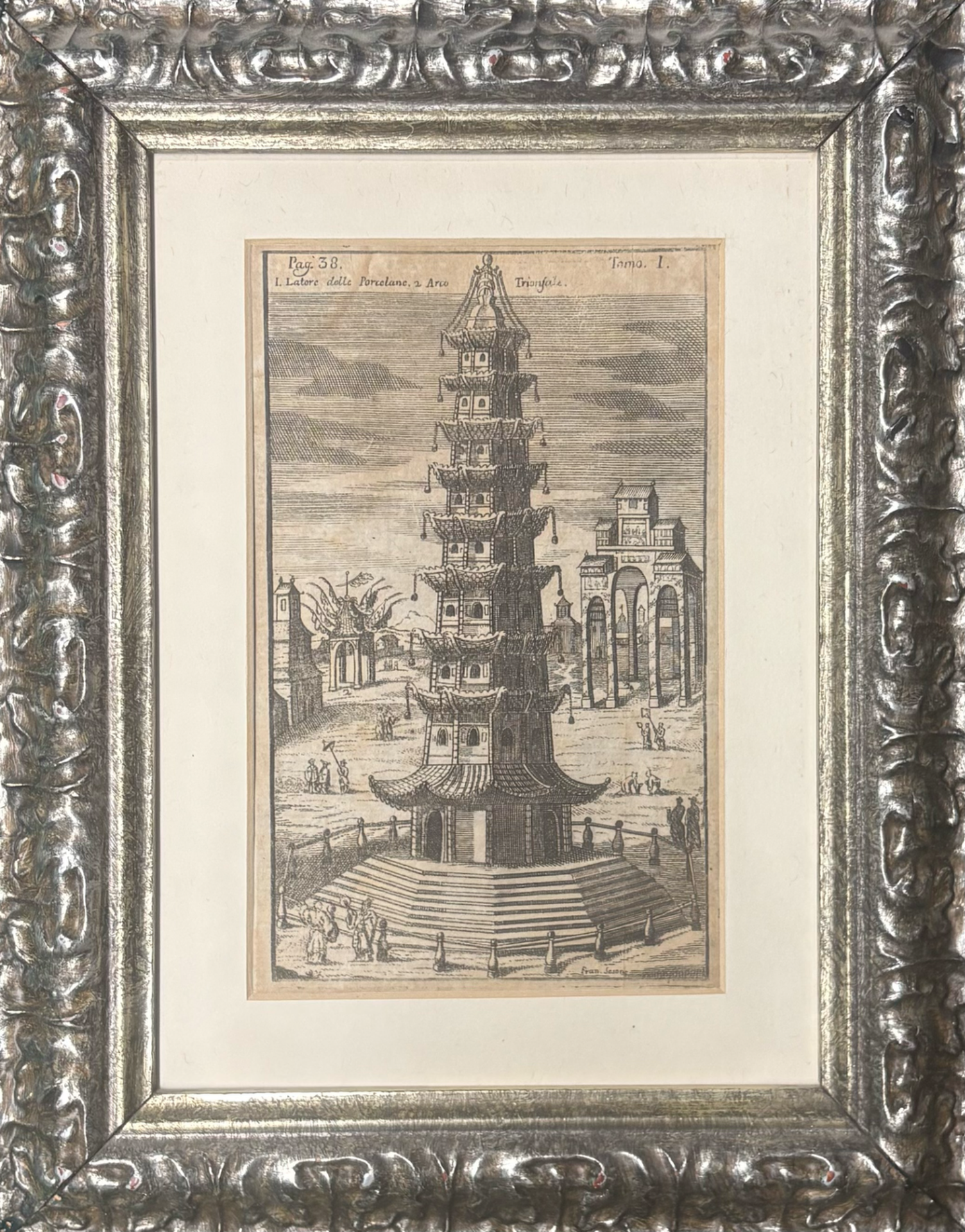 Torre delle Porcellane di Nanchino, incisione di Francesco Sesone dal Giro del Mondo di Gemelli Careri, in cornice