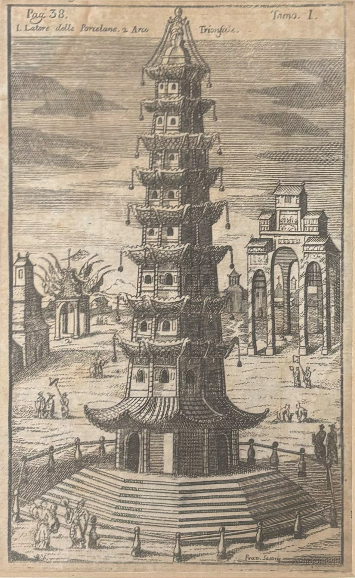 Torre delle Porcellane di Nanchino, dettaglio dell'incisione di Francesco Sesone con iscrizioni Pag. 38 e Tomo I