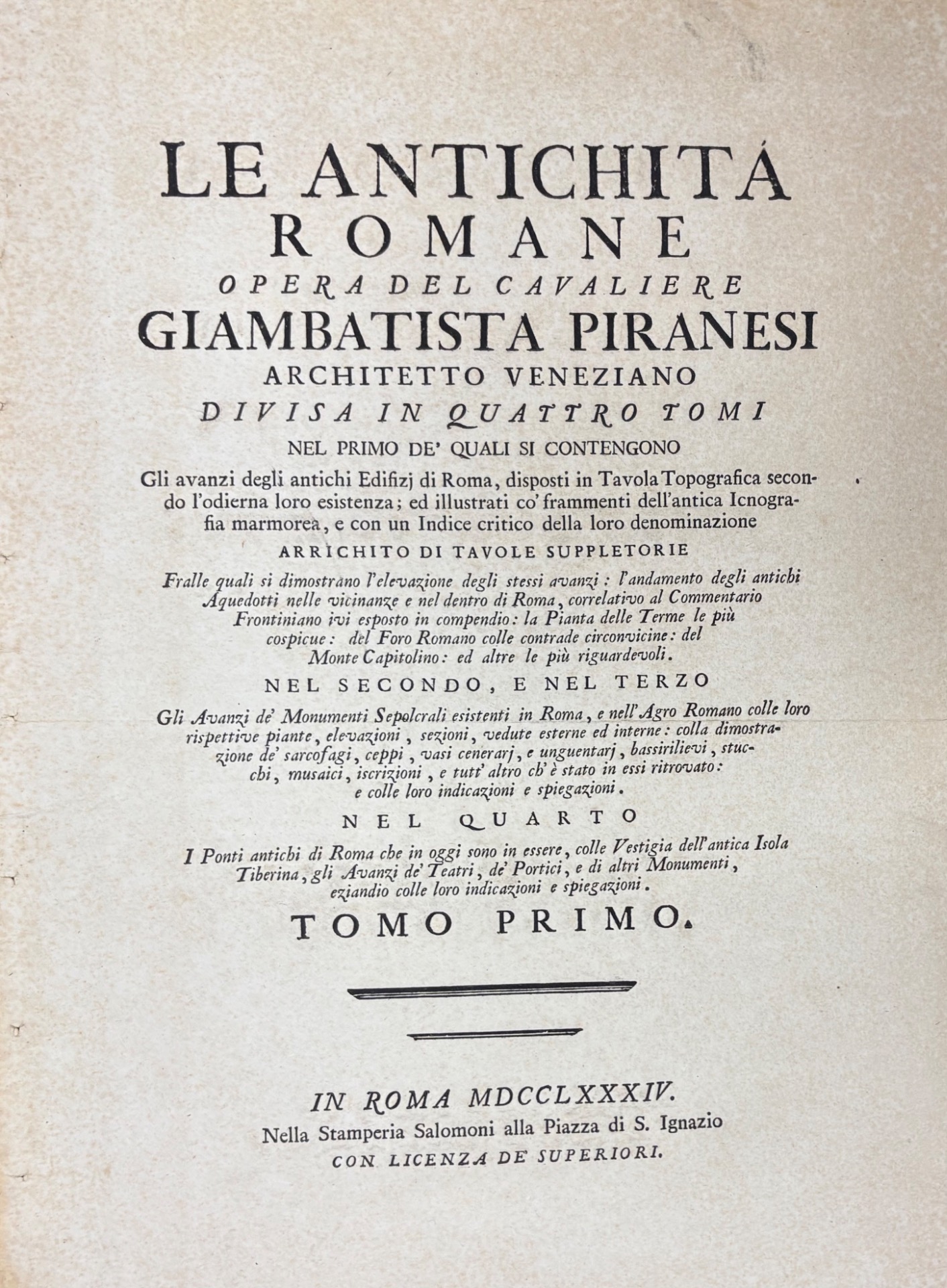 Giambattista Piranesi, Le Antichità Romane, frontespizio Tomo Primo, Roma 1784