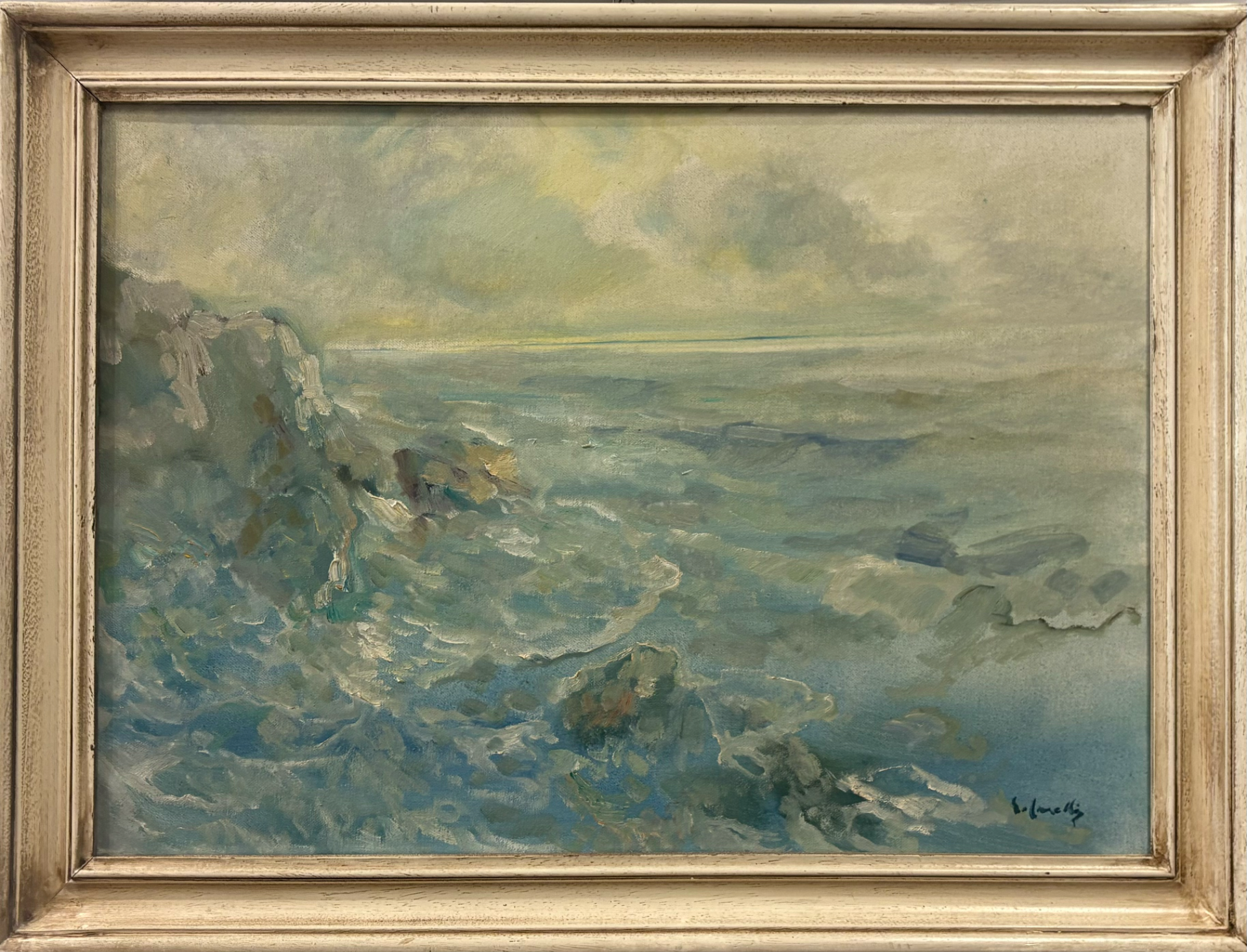 Giuseppe Caselli, Mareggiata sulla scogliera, olio su tela